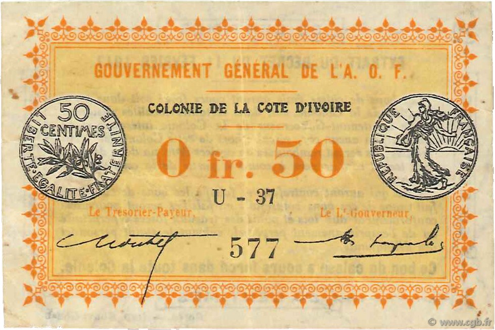 50 Centimes COTE D IVOIRE  1917 P.01b TTB
