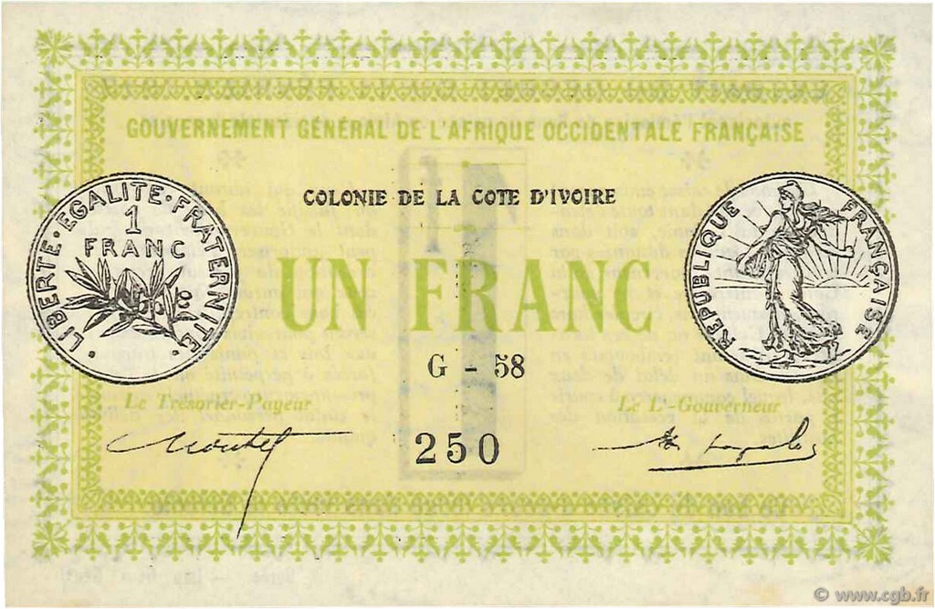 1 Franc COTE D IVOIRE  1917 P.02b pr.NEUF