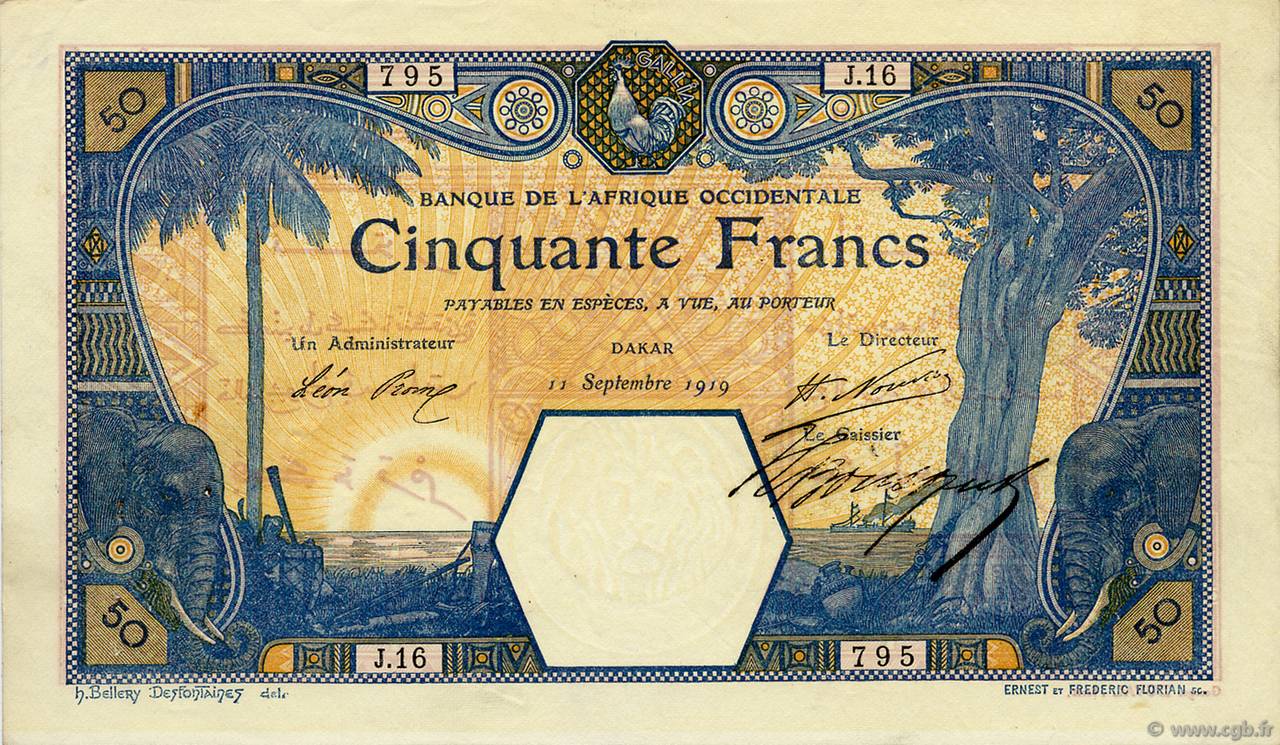 50 Francs DAKAR FRENCH WEST AFRICA Dakar 1919 P.09Ba VZ