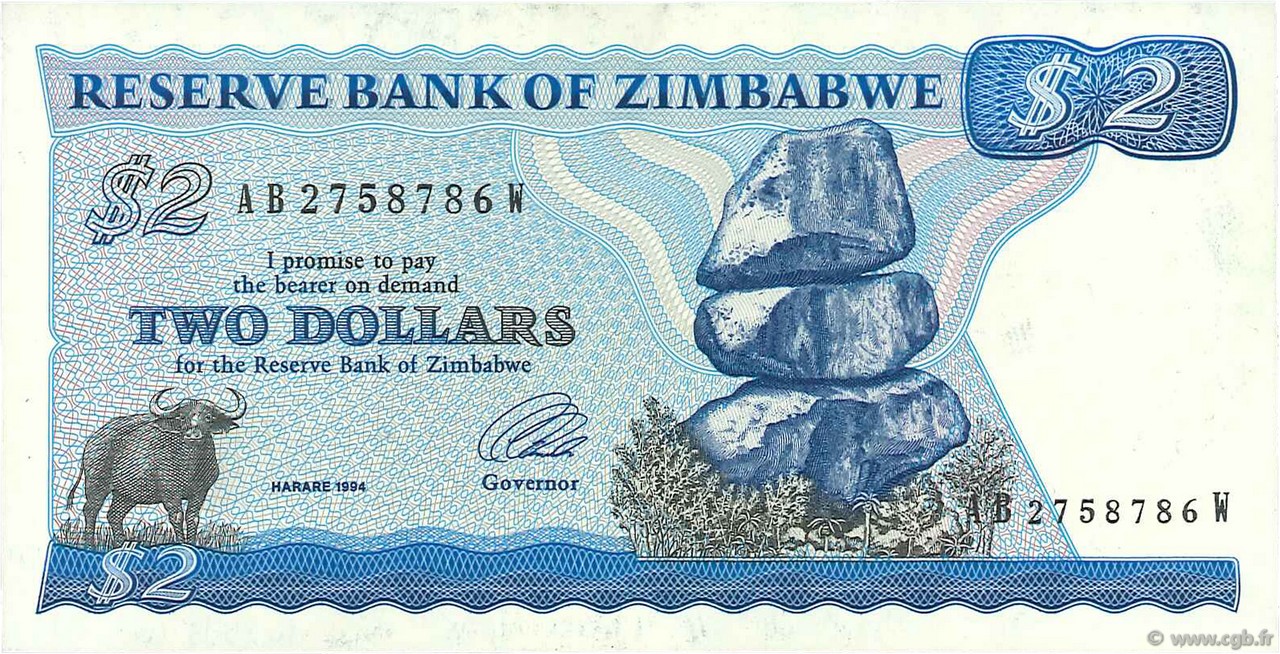 2 Dollars ZIMBABWE  1994 P.01d SUP+