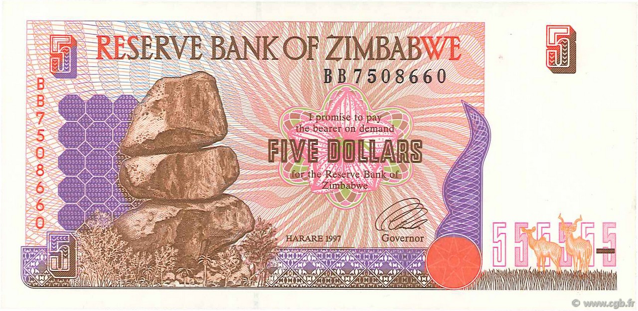 5 Dollars ZIMBABWE  1997 P.05a TTB+