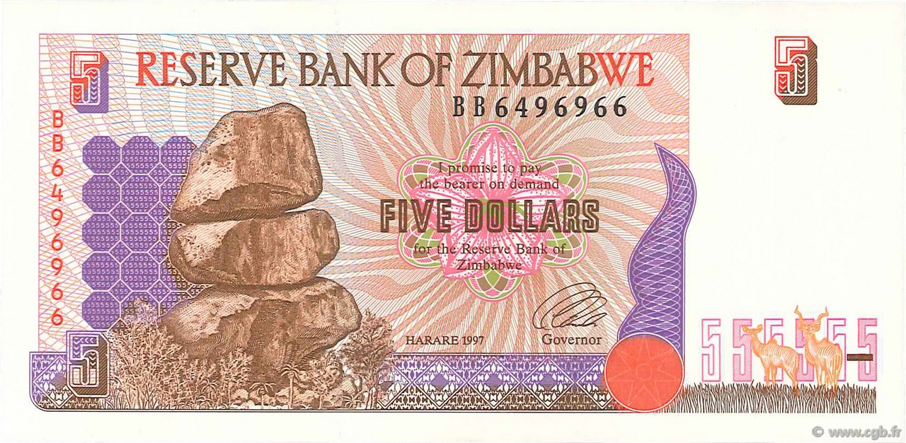 5 Dollars ZIMBABWE  1997 P.05a SUP
