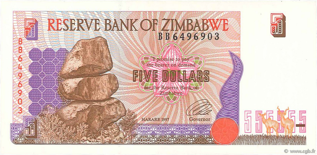 5 Dollars ZIMBABWE  1997 P.05a SPL