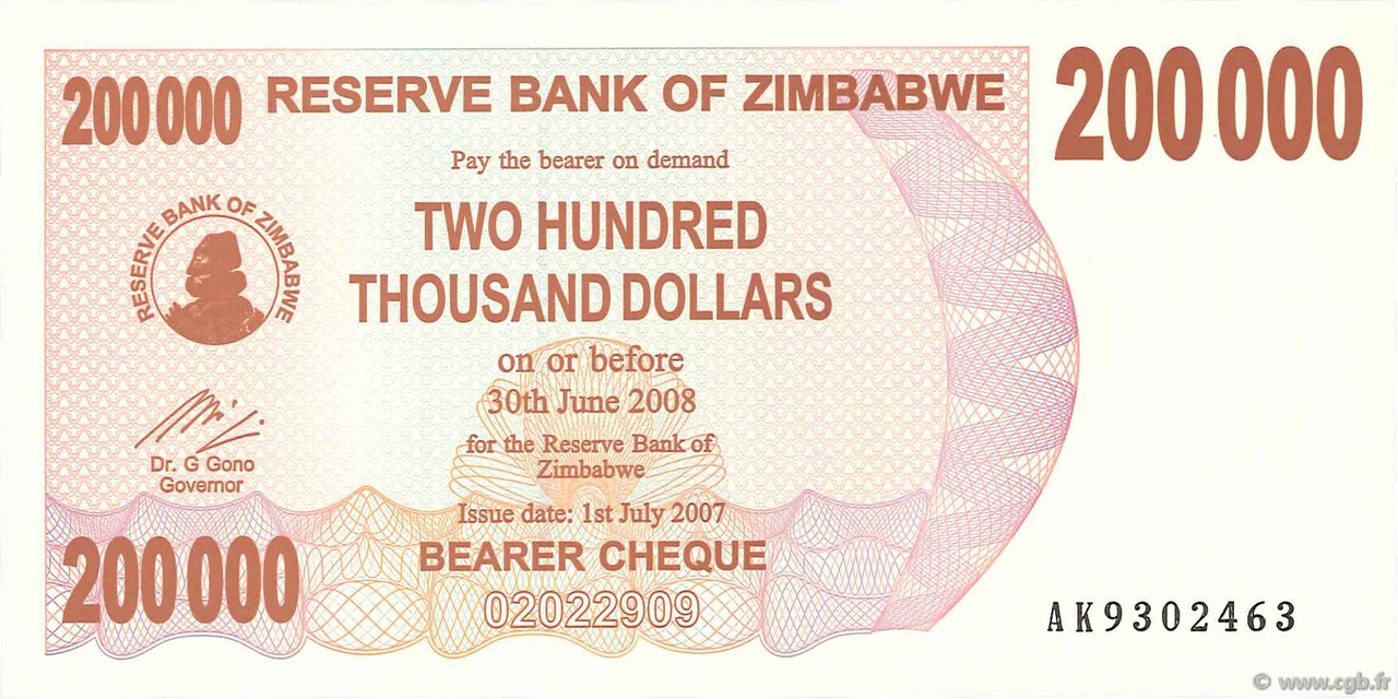 200000 Dollars ZIMBABWE  2007 P.49 NEUF
