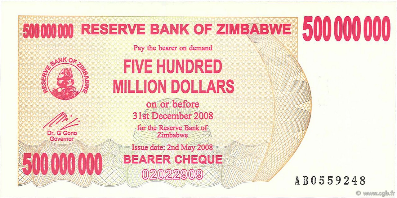 500 Millions Dollars ZIMBABWE  2008 P.60 pr.NEUF
