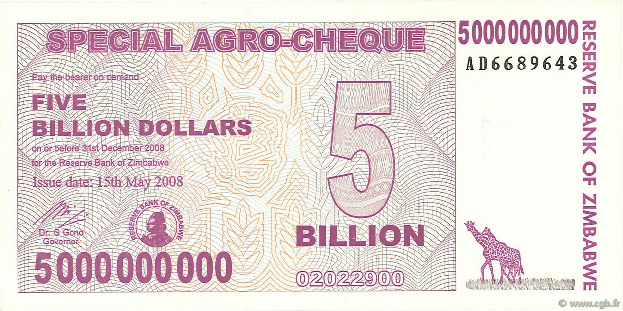 5 Billions Dollars ZIMBABWE  2008 P.61 pr.NEUF