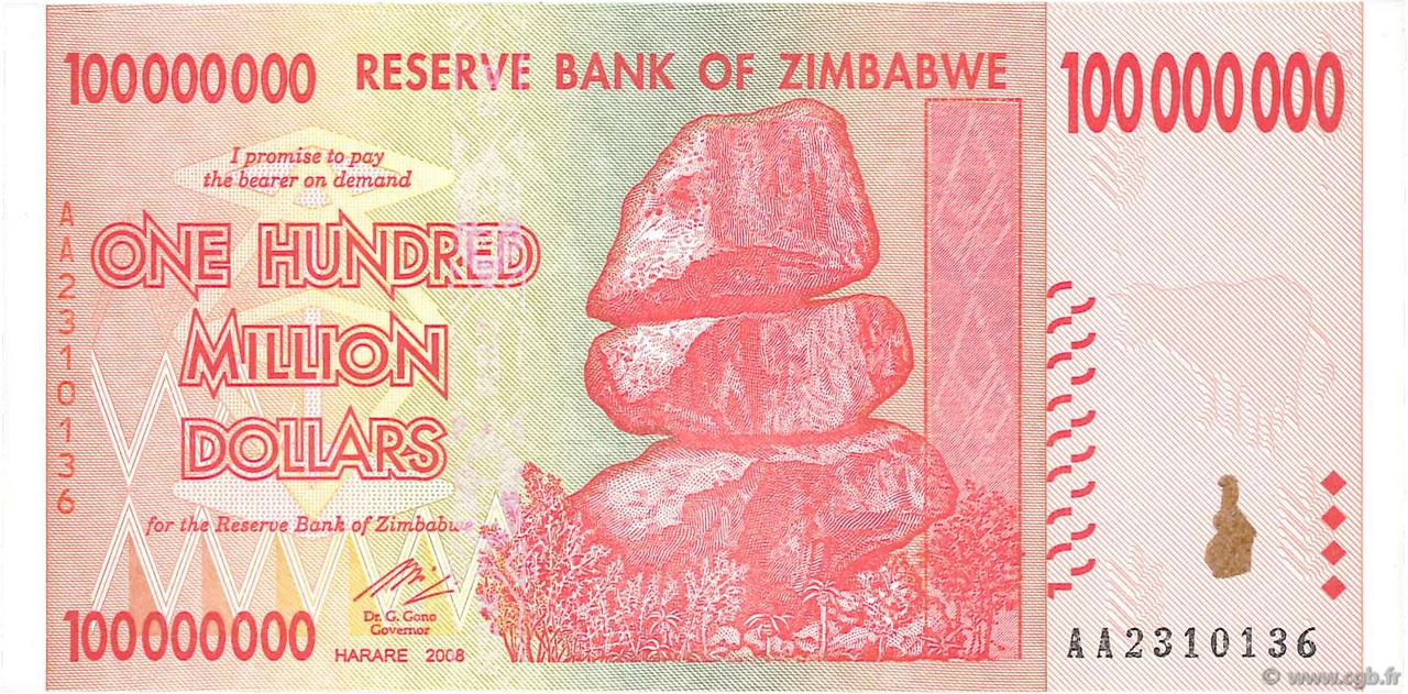 100 Millions Dollars ZIMBABWE  2008 P.80 NEUF