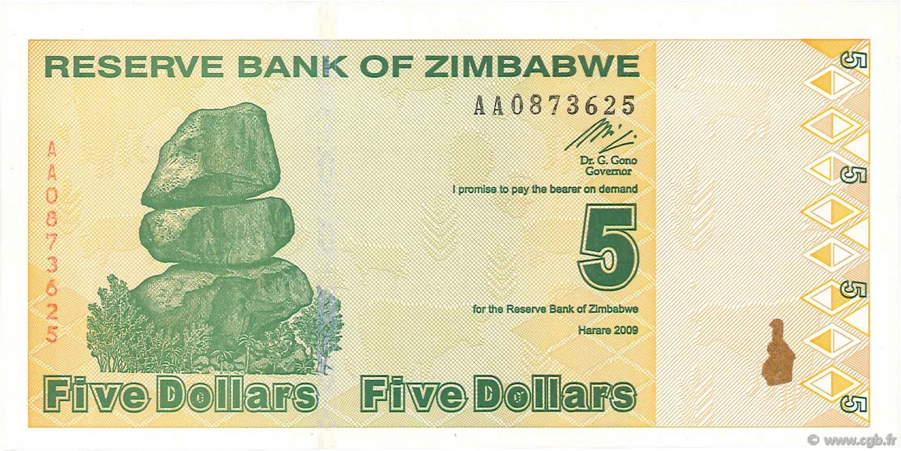 5 Dollars ZIMBABWE  2009 P.93 UNC