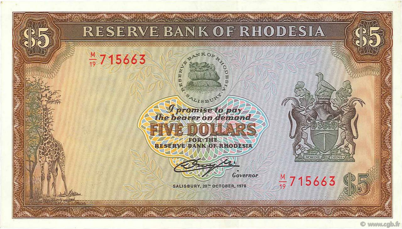 5 Dollars RHODÉSIE  1978 P.36b SPL