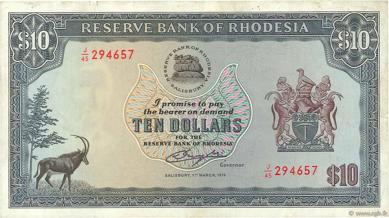10 Dollars RHODESIA  1976 P.37a BB