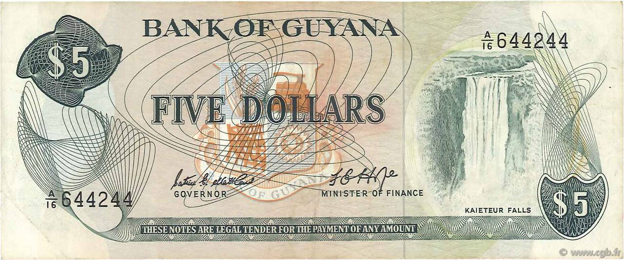5 Dollars GUYANA  1966 P.22c TTB