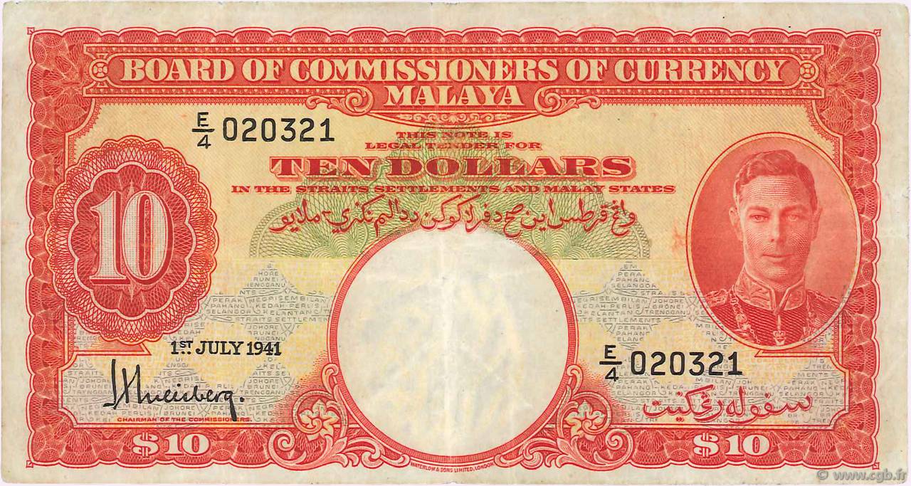 10 Dollars MALAYA  1941 P.13 TB
