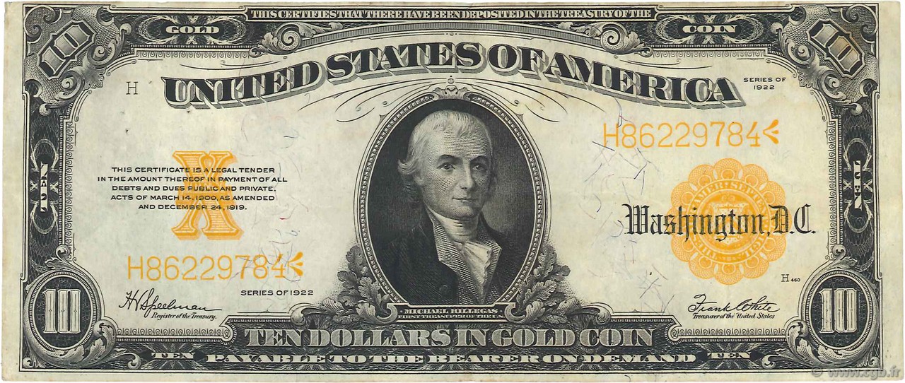 10 Dollars UNITED STATES OF AMERICA  1922 P.274 VF+