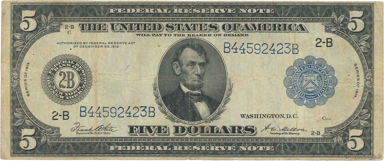 5 Dollars ÉTATS-UNIS D AMÉRIQUE New York 1914 P.359b TB