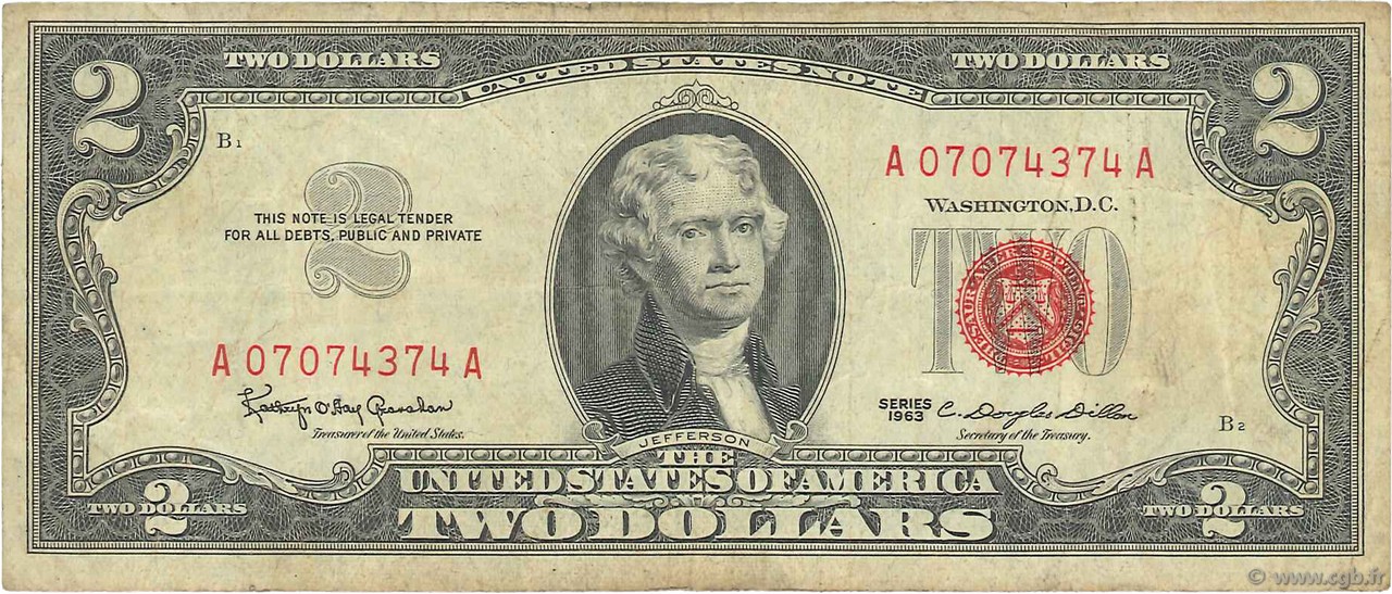2 Dollars ÉTATS-UNIS D AMÉRIQUE  1963 P.382a TB+