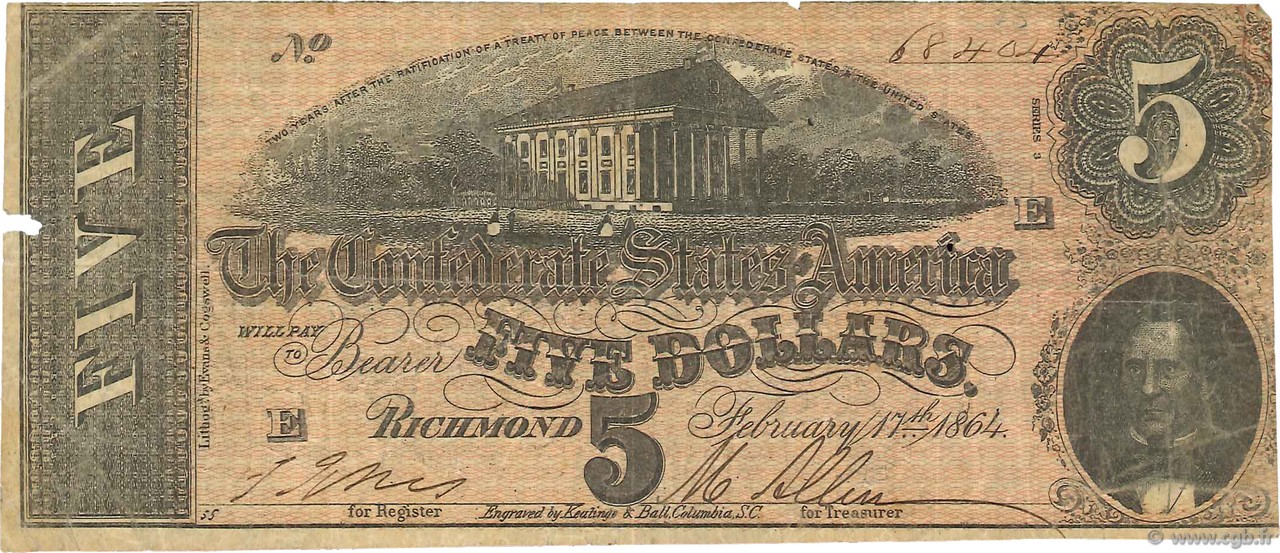 5 Dollars ÉTATS CONFÉDÉRÉS D AMÉRIQUE  1864 P.67 TB