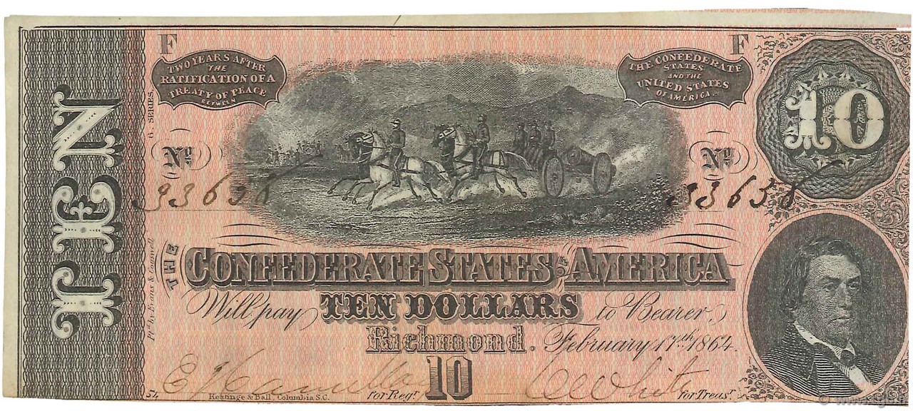 10 Dollars ÉTATS CONFÉDÉRÉS D AMÉRIQUE  1864 P.68 TTB+