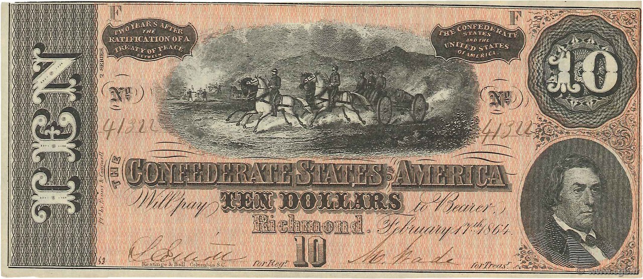 10 Dollars ÉTATS CONFÉDÉRÉS D AMÉRIQUE  1864 P.68 SUP+