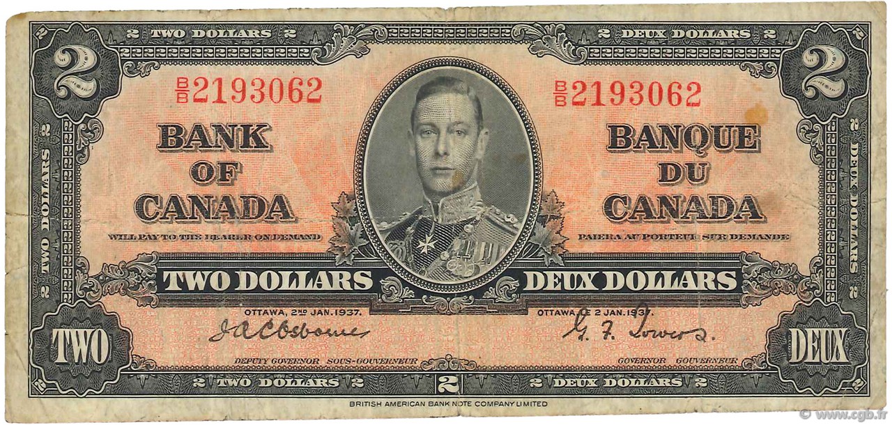 2 Dollars CANADA  1937 P.059a B+
