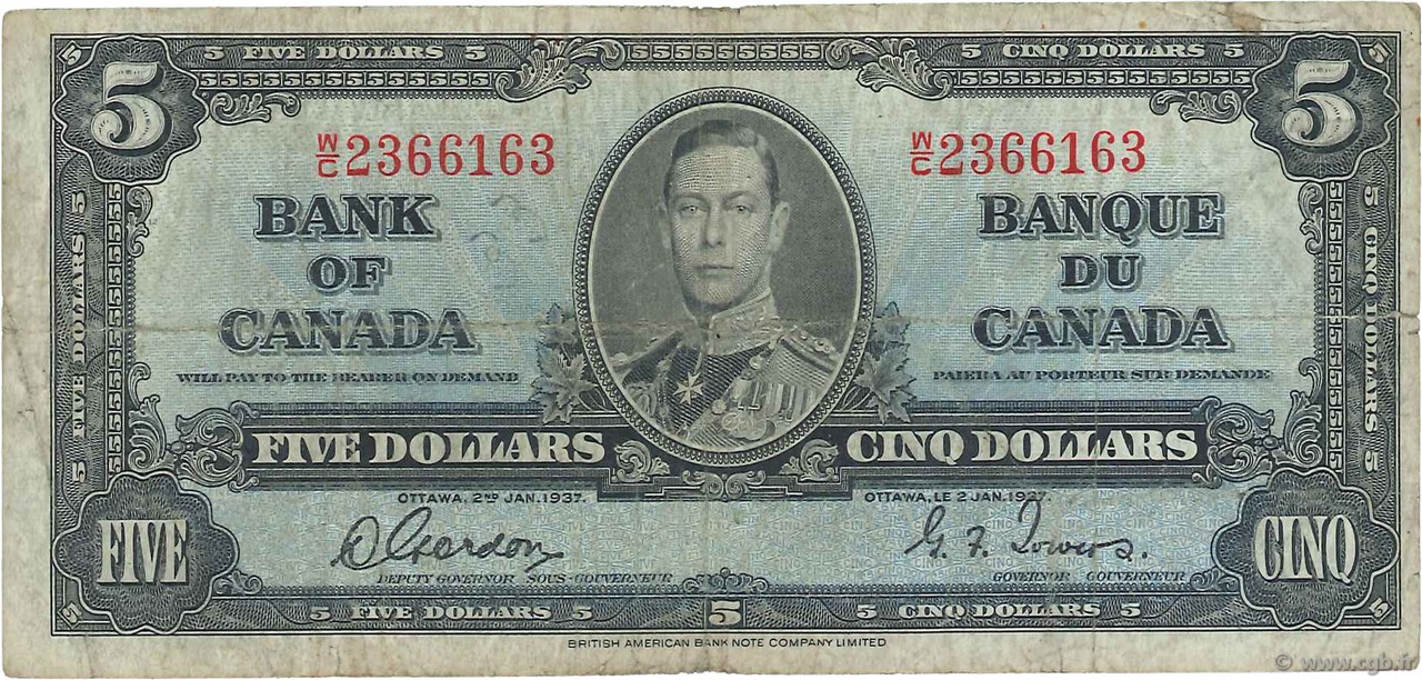 5 Dollars CANADA  1937 P.060b B