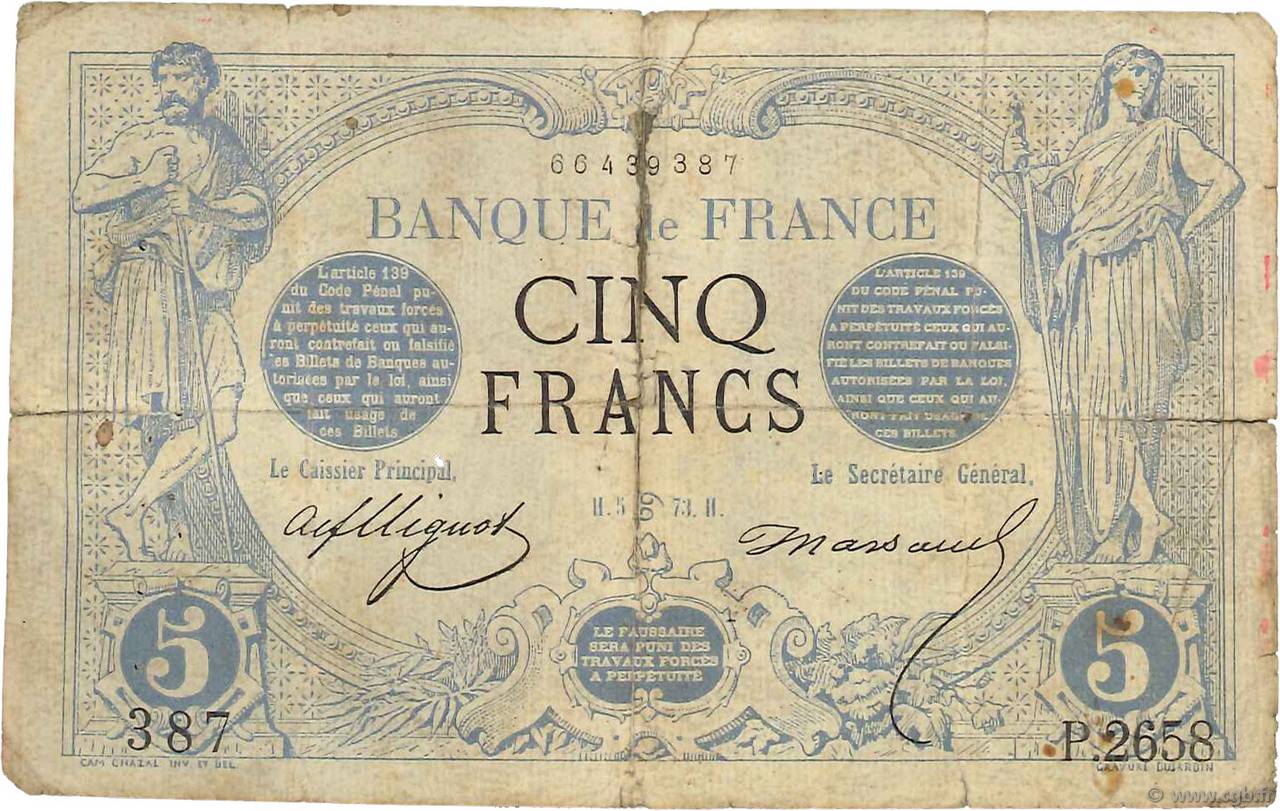 5 Francs NOIR FRANCE  1873 F.01.19 AB