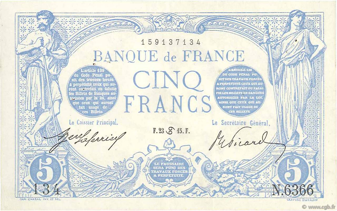 5 Francs BLEU FRANCE  1915 F.02.28 VF+