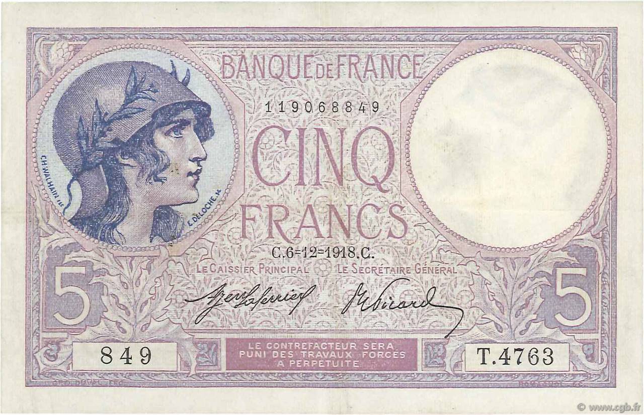 5 Francs FEMME CASQUÉE FRANCE  1918 F.03.02 TTB+
