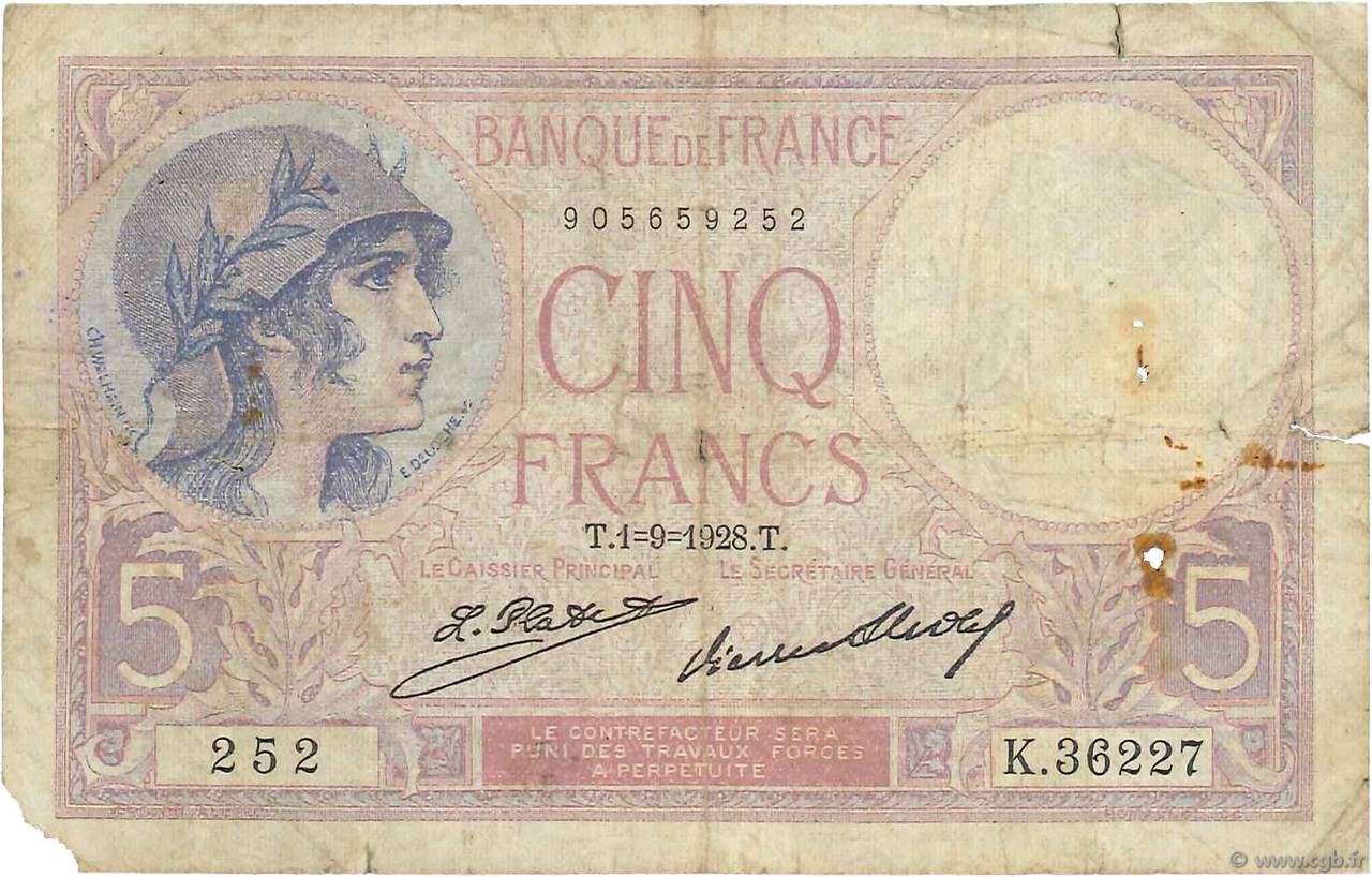 5 Francs FEMME CASQUÉE FRANCE  1928 F.03.12 B