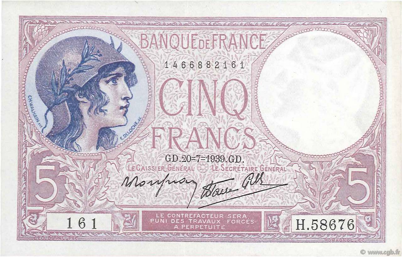 5 Francs FEMME CASQUÉE modifié FRANKREICH  1939 F.04.02 fVZ