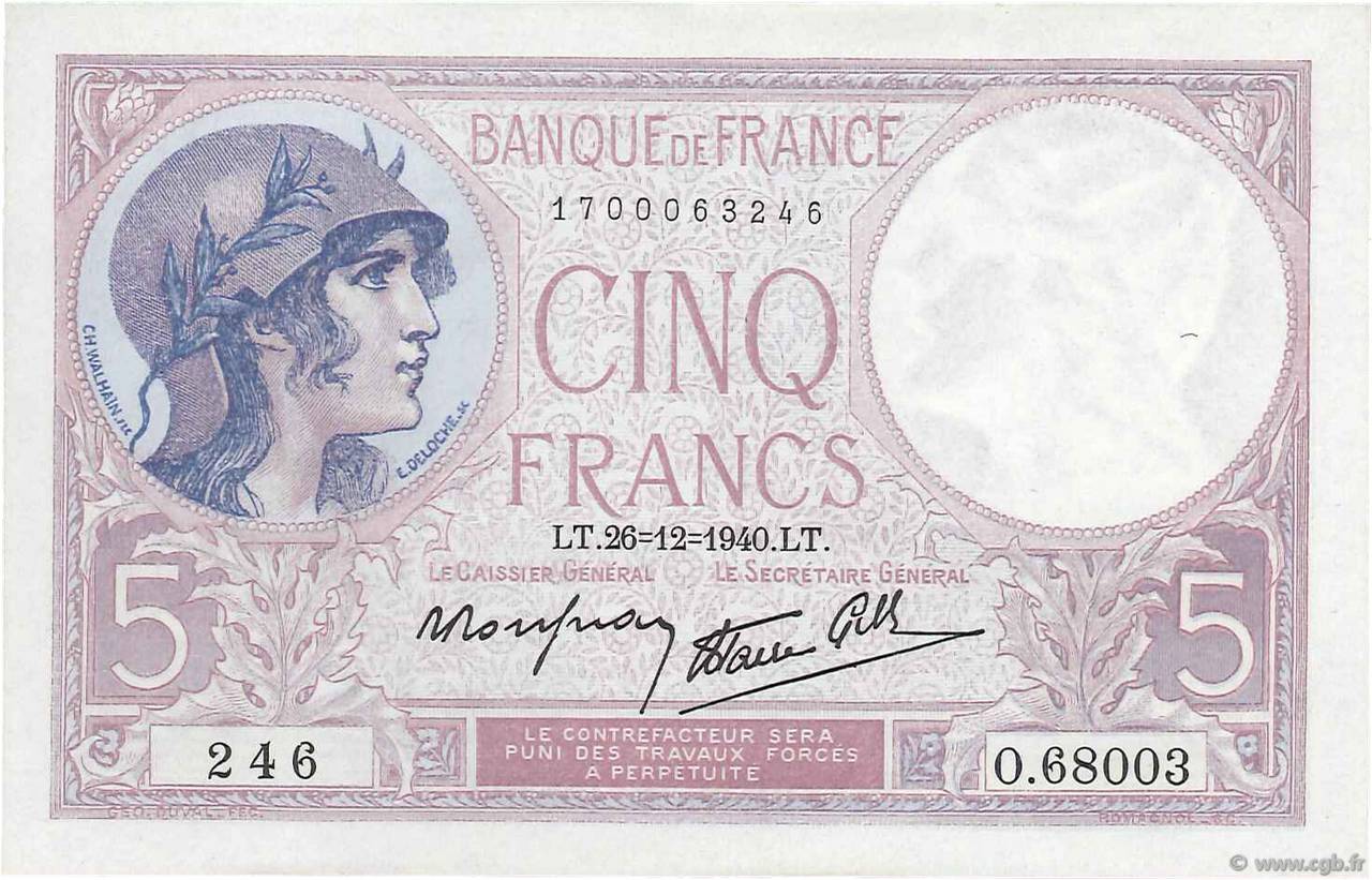 5 Francs FEMME CASQUÉE modifié FRANCE  1940 F.04.18 SPL+