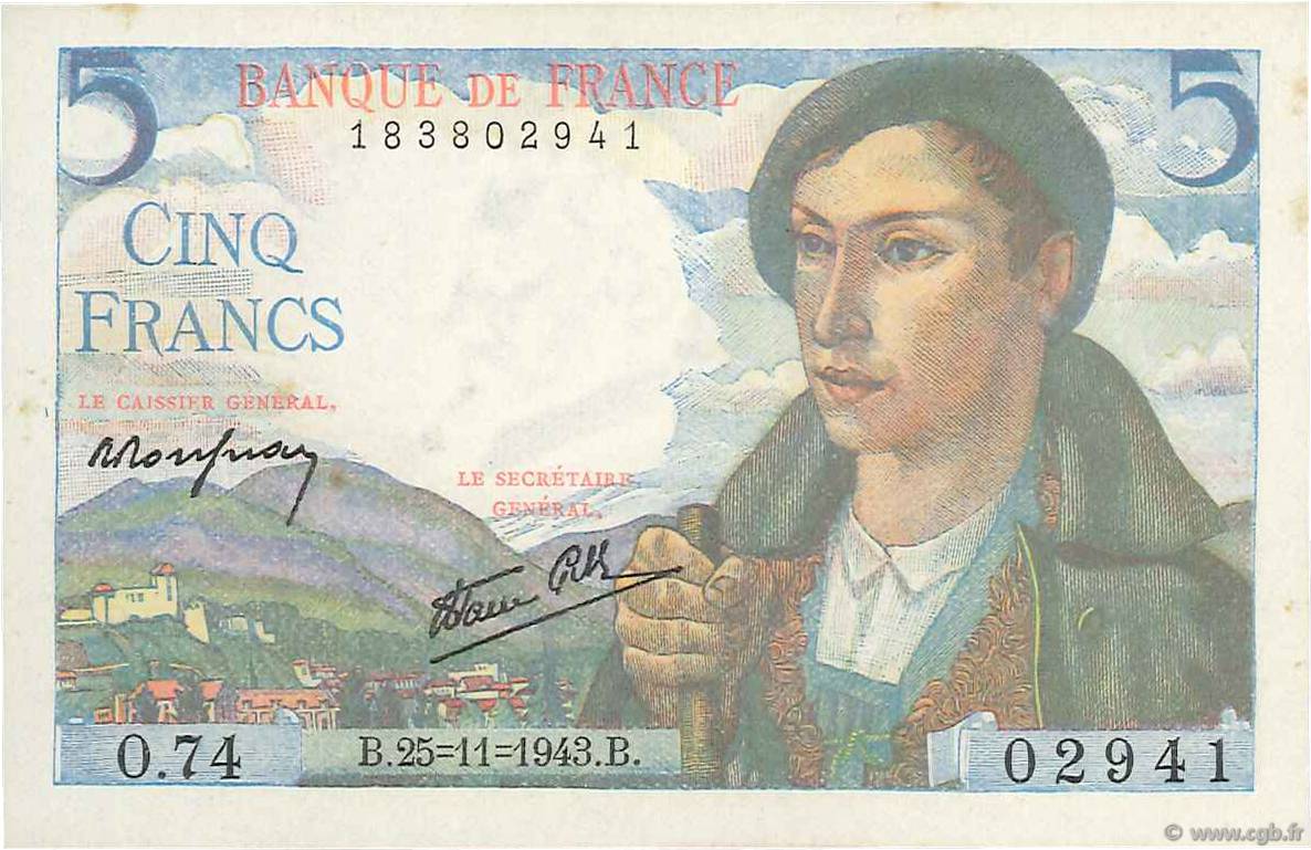 5 Francs BERGER FRANKREICH  1943 F.05.04 fST