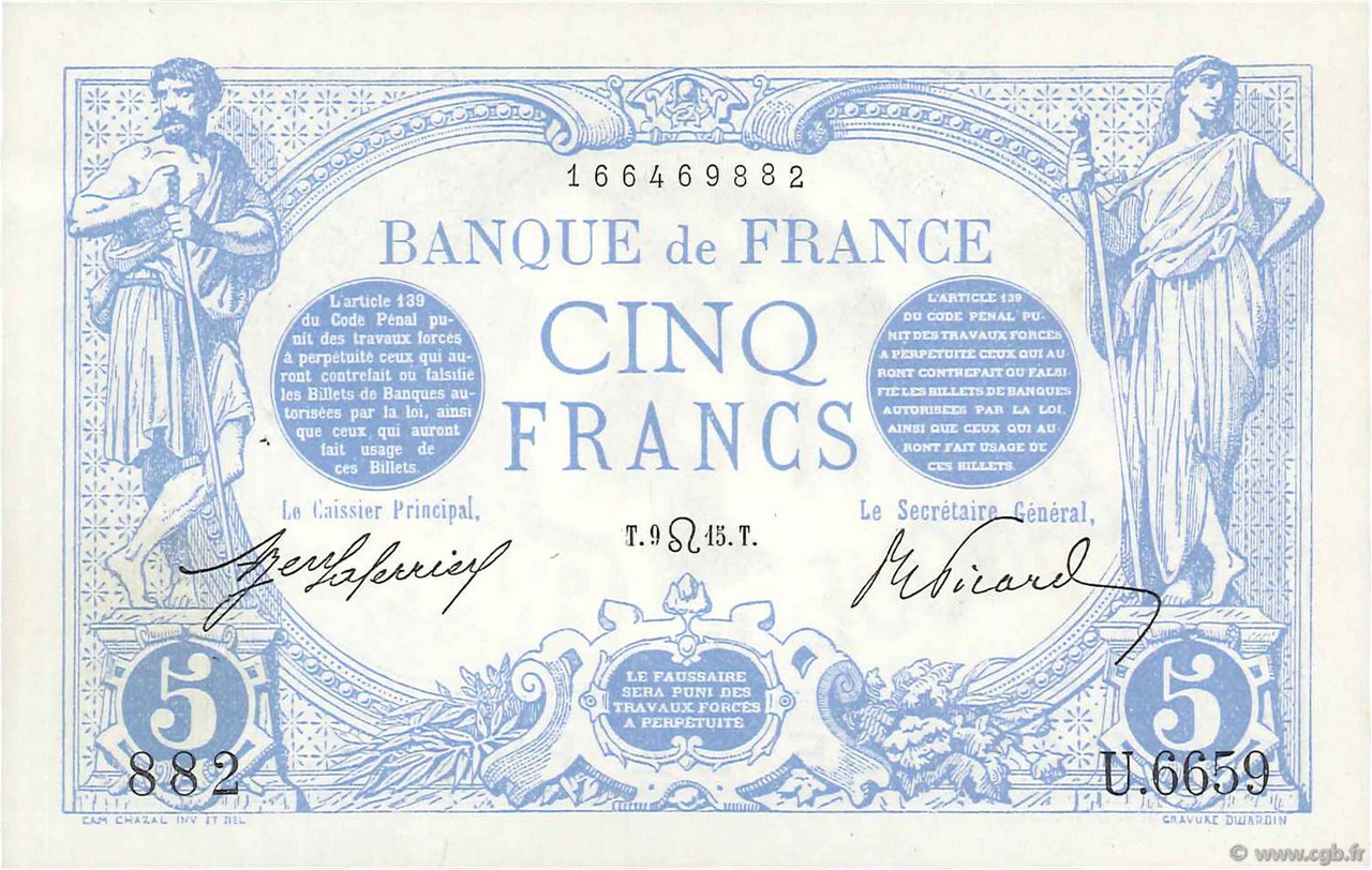 5 Francs BLEU FRANCE  1915 F.02.29 SPL