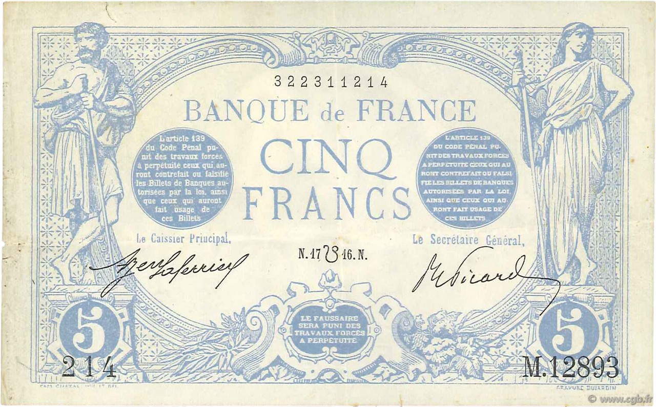 5 Francs BLEU lion inversé FRANCE  1917 F.02bis.04 VF+