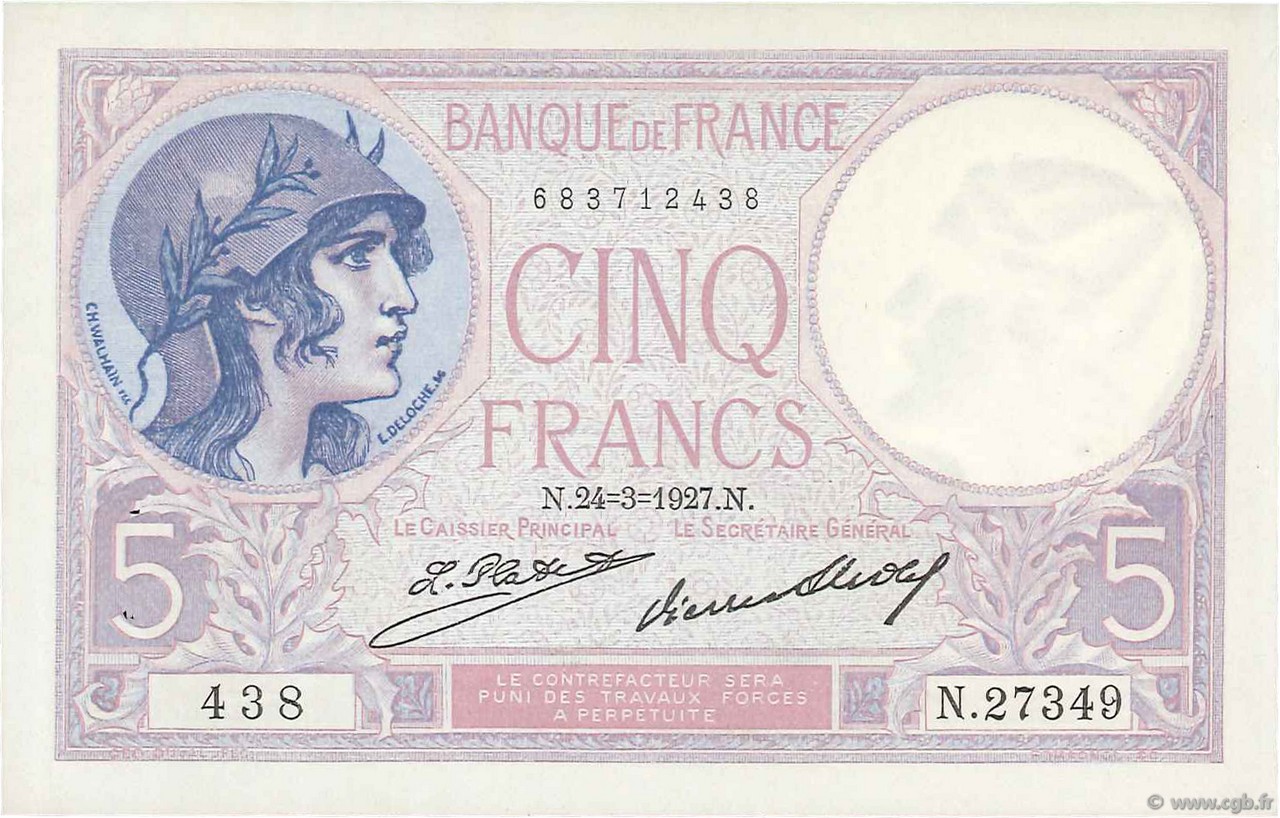 5 Francs FEMME CASQUÉE FRANCE  1927 F.03.11 SPL