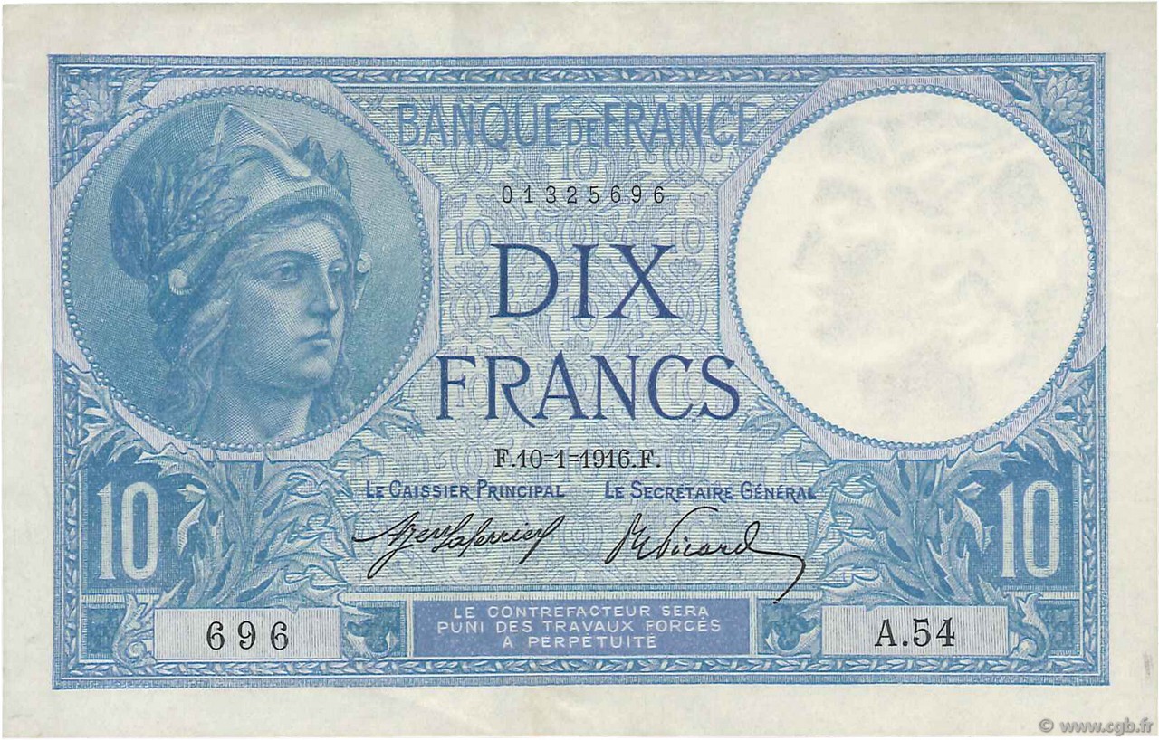 10 Francs MINERVE FRANCE  1916 F.06.01 TTB