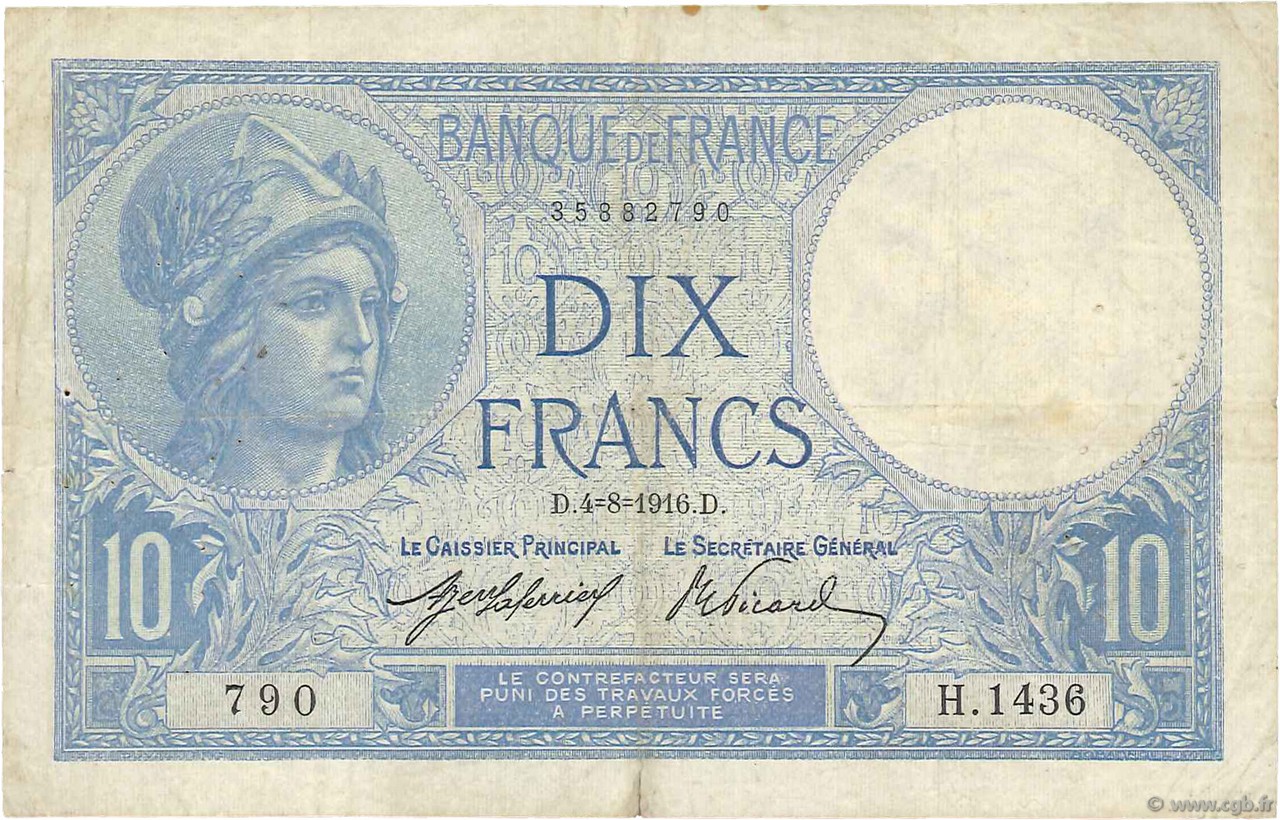 10 Francs MINERVE FRANCE  1916 F.06.01 TB