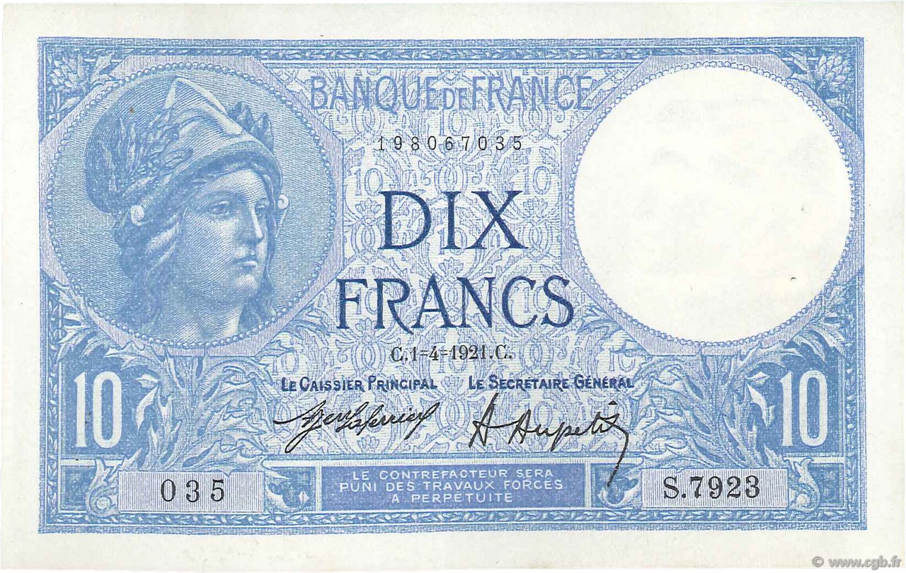 10 Francs MINERVE FRANCE  1921 F.06.05 SUP