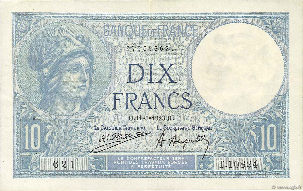 10 Francs MINERVE FRANCE  1923 F.06.07 TTB+