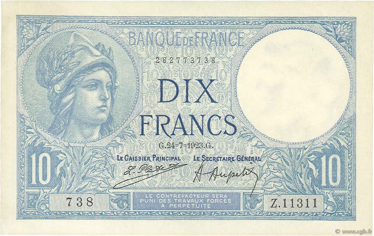 10 Francs MINERVE Numéro radar FRANCE  1923 F.06.07 SUP+