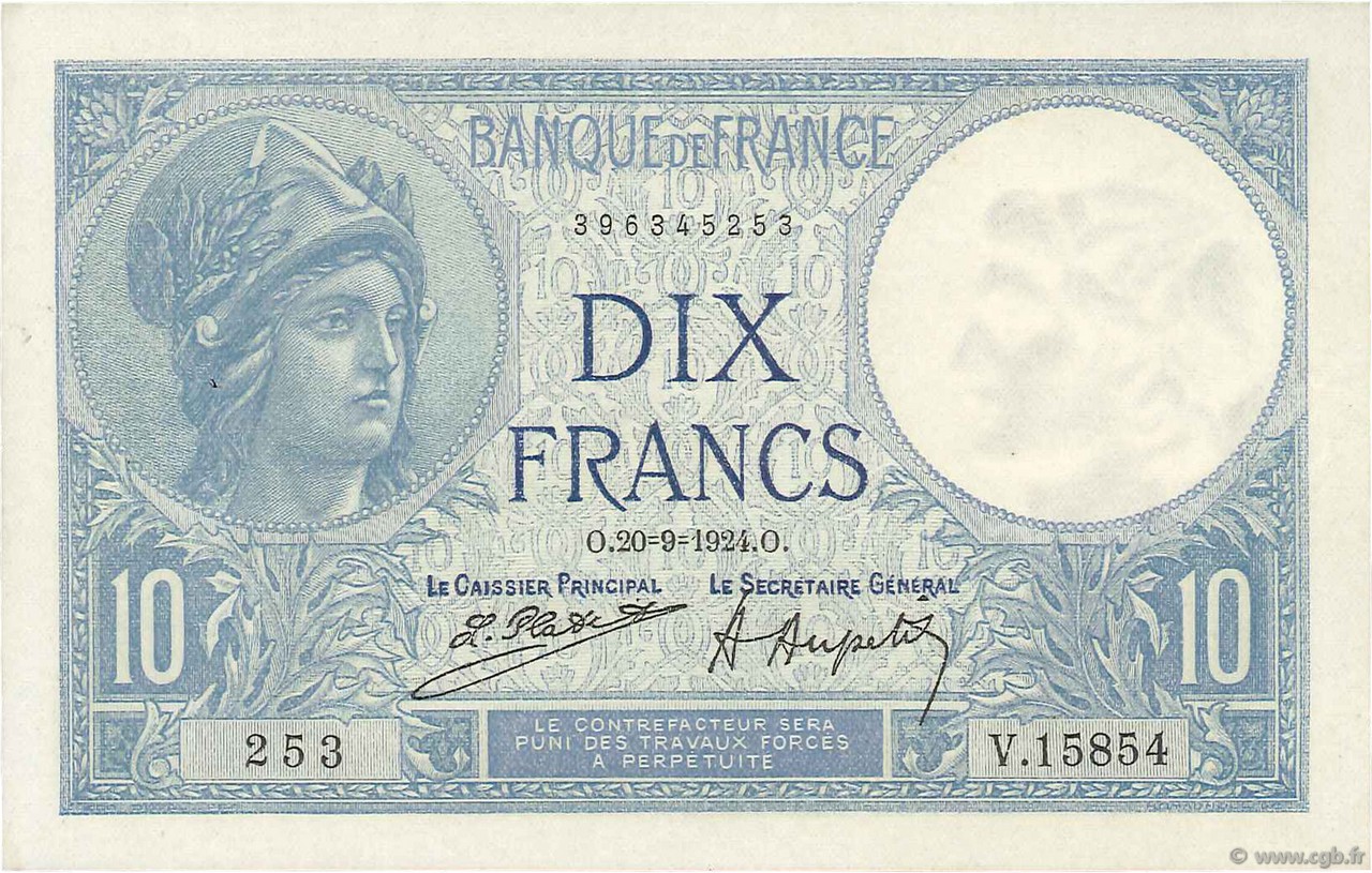 10 Francs MINERVE FRANCE  1924 F.06.08 SUP