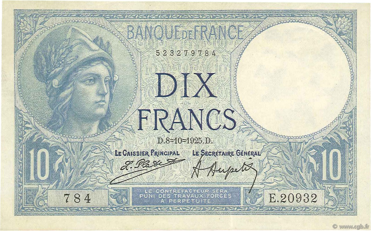 10 Francs MINERVE FRANCE  1925 F.06.09 XF