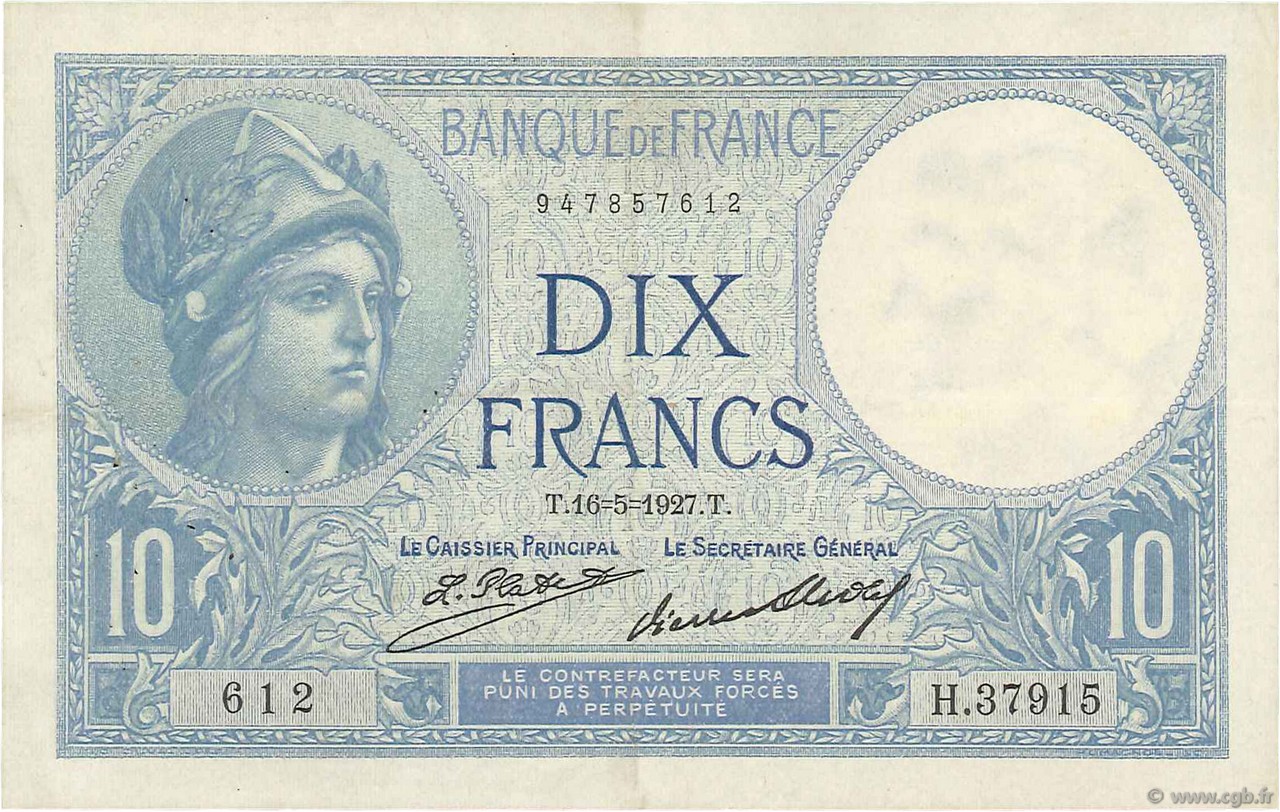 10 Francs MINERVE FRANCE  1927 F.06.12 TTB+