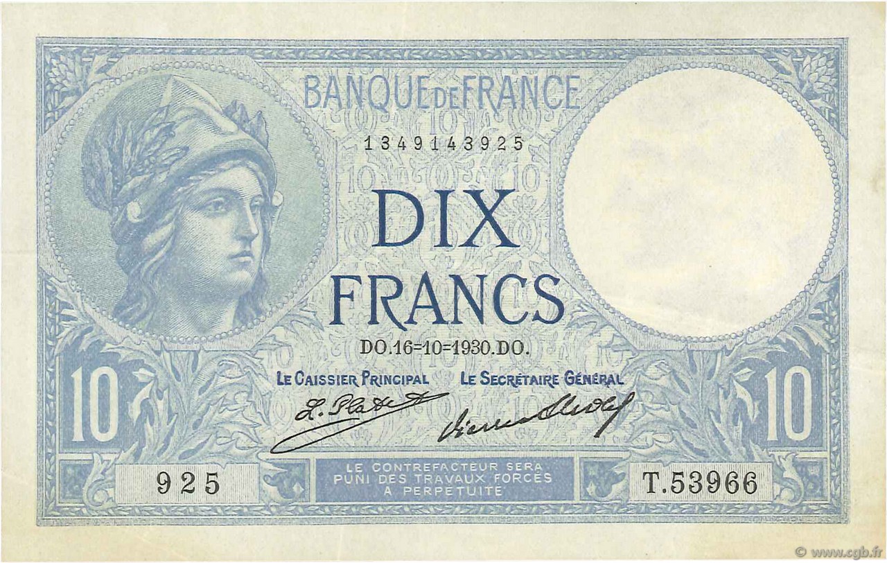10 Francs MINERVE FRANCE  1930 F.06.14 TTB+