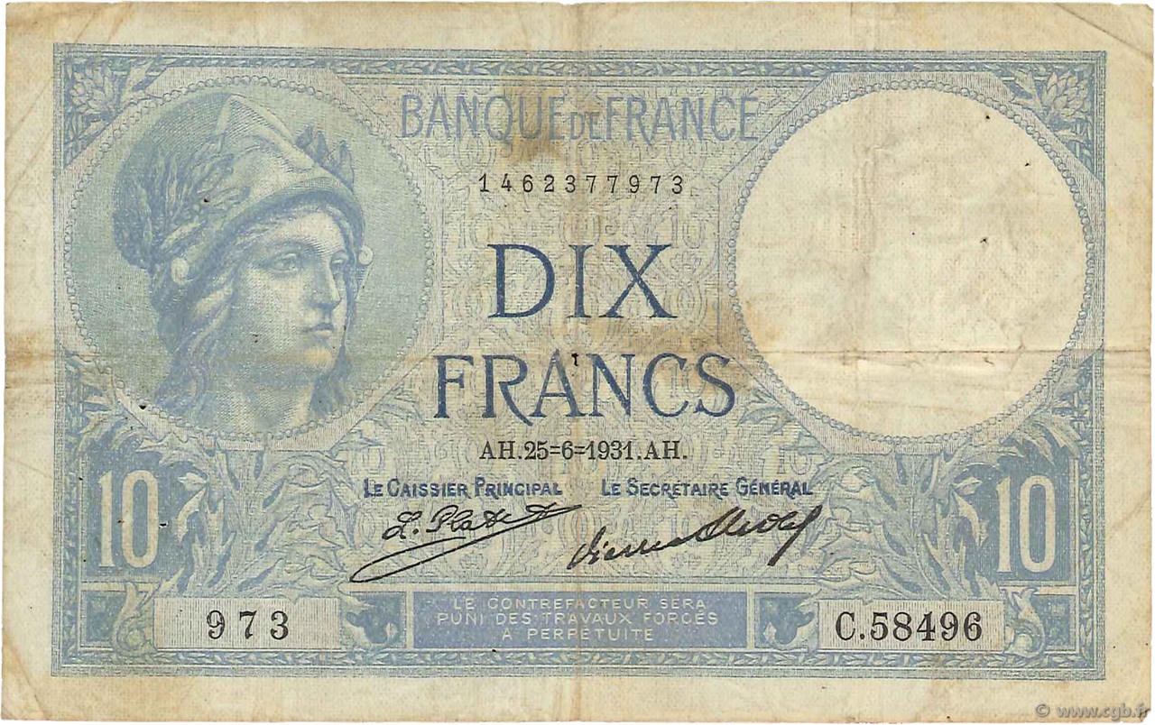 10 Francs MINERVE FRANCE  1931 F.06.15 TB