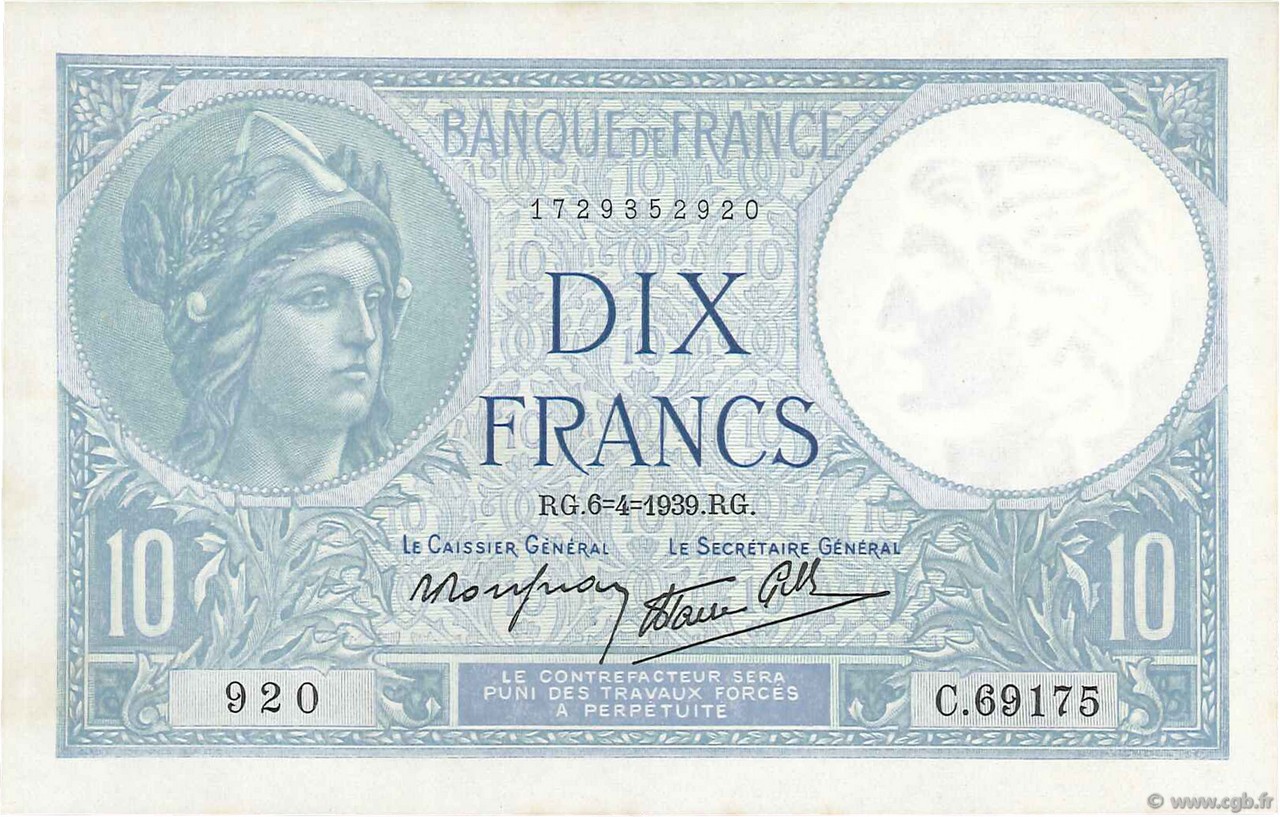 10 Francs MINERVE modifié FRANCE  1939 F.07.02 pr.NEUF