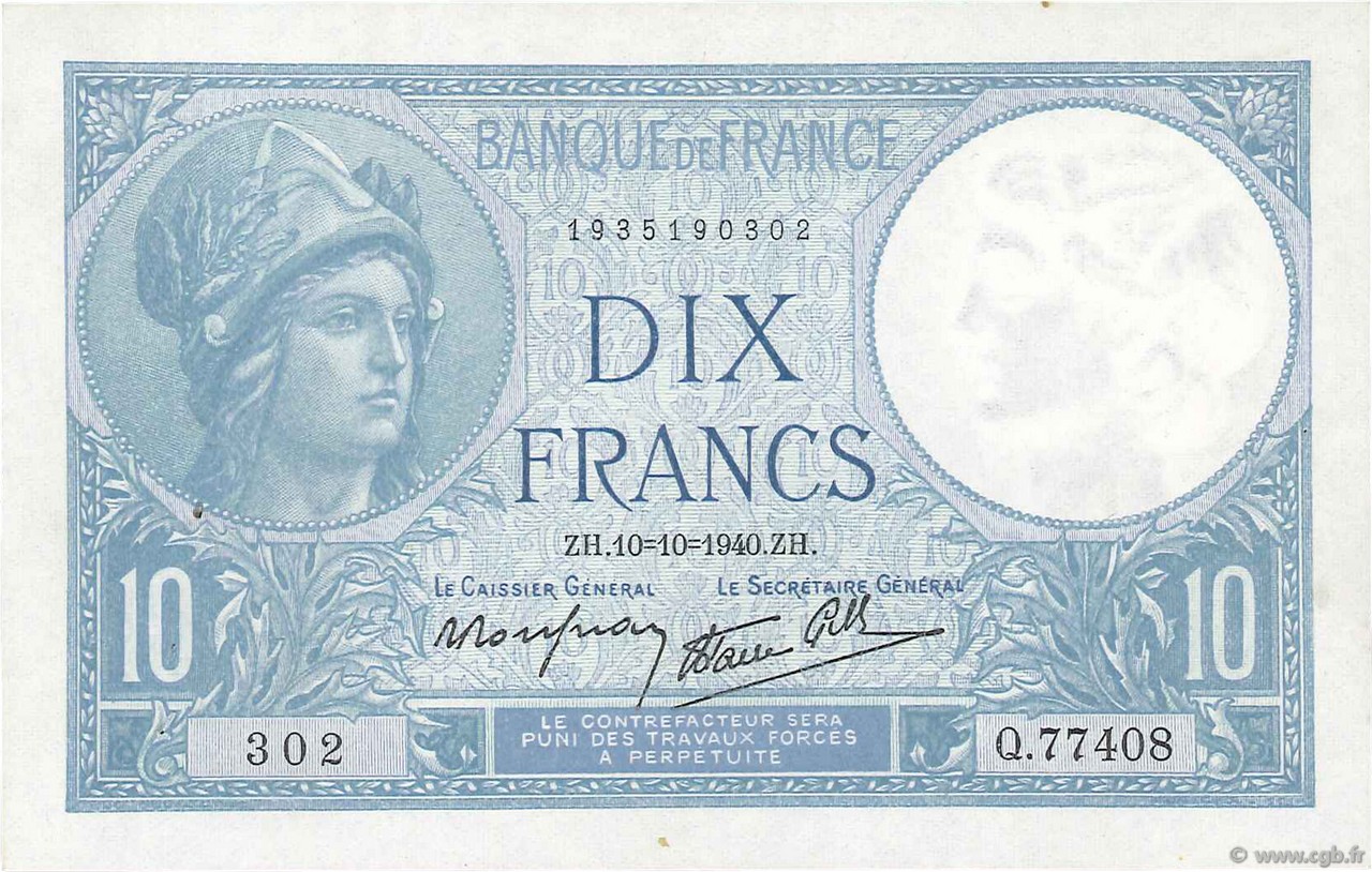 10 Francs MINERVE modifié FRANCE  1940 F.07.16 SUP+