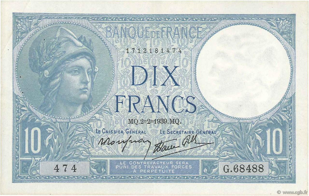 10 Francs MINERVE modifié FRANCE  1939 F.07.01 TTB+