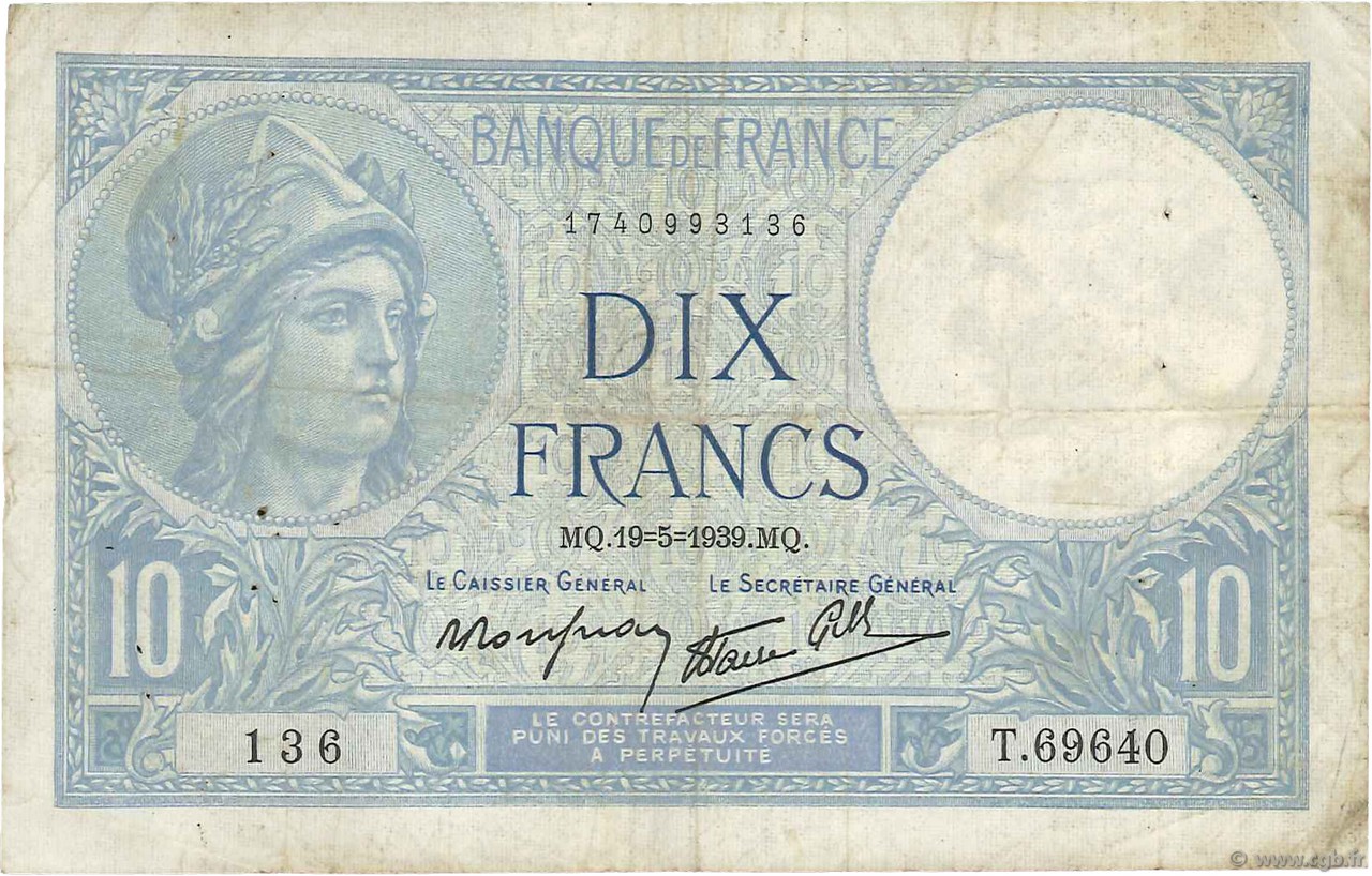 10 Francs MINERVE modifié FRANCE  1939 F.07.03 TB