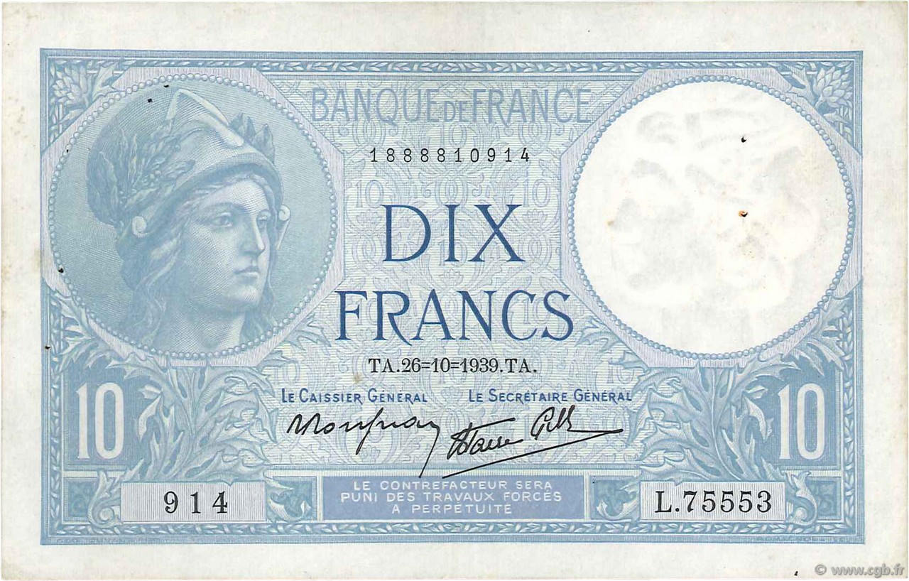 10 Francs MINERVE modifié FRANCE  1939 F.07.13 TTB