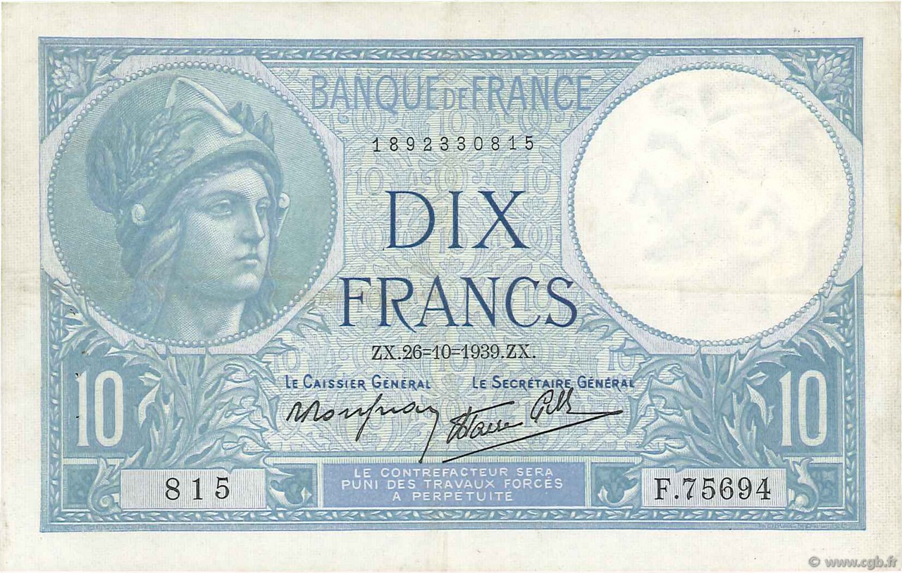 10 Francs MINERVE modifié FRANCE  1939 F.07.13 TTB+